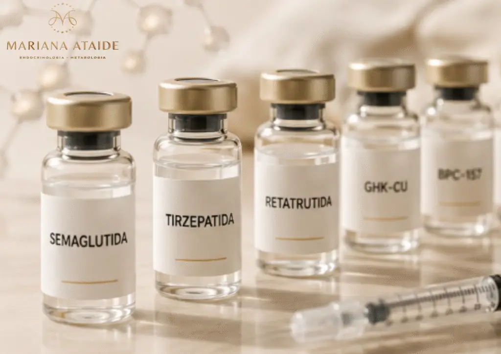 Frascos ilustrativos de peptídeos utilizados em pesquisas sobre emagrecimento e saúde metabólica, incluindo semaglutida, tirzepatida, retatrutida, GHK-Cu e BPC-157.