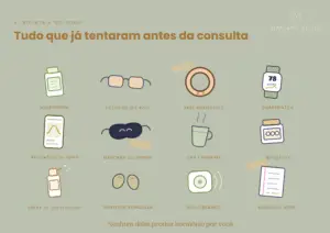 Ilustração mostrando melatonina, filtro de luz azul, anel inteligente, smartwatch, aplicativo de sono, máscara de dormir, chá calmante, magnésio e outras estratégias usadas por pessoas com insônia antes da consulta médica.