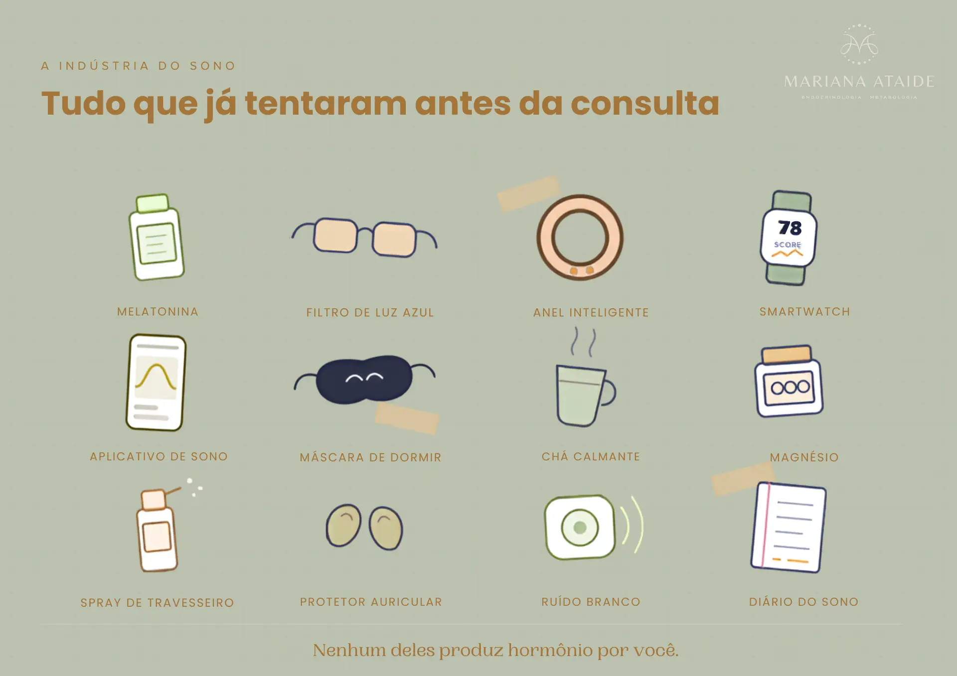 Ilustração mostrando melatonina, filtro de luz azul, anel inteligente, smartwatch, aplicativo de sono, máscara de dormir, chá calmante, magnésio e outras estratégias usadas por pessoas com insônia antes da consulta médica.